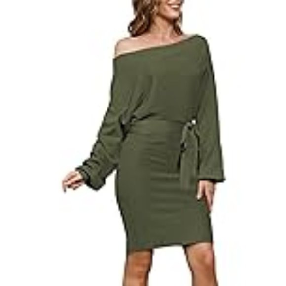 Meenew Dresses & Skirts - Women's Off Shoulder Sweater Dress Ribbed Tie Waist Short Bodycon Dress Green